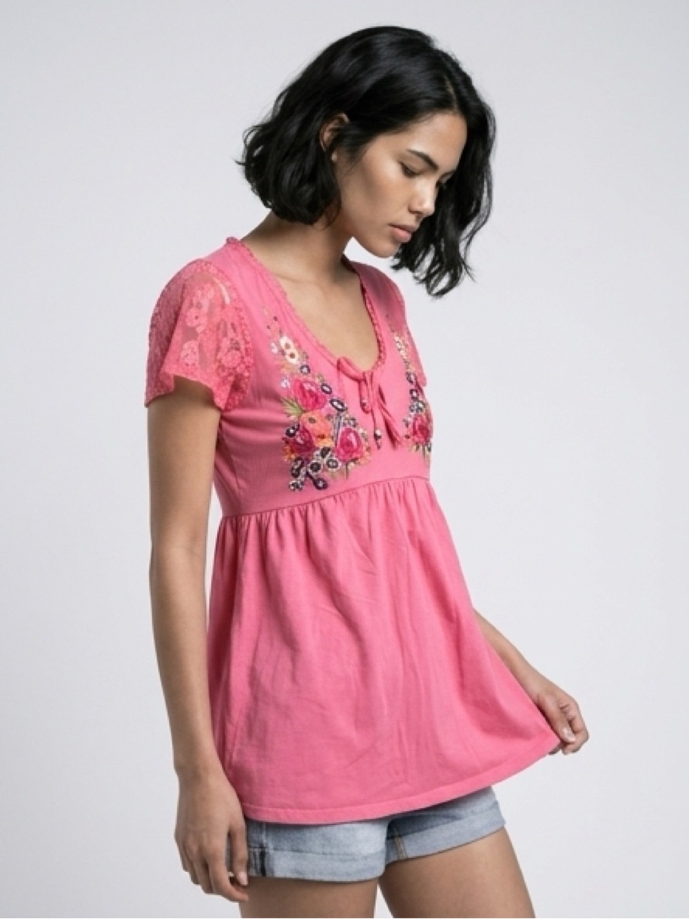 Pink Embroidered V-Neck Babydoll Top